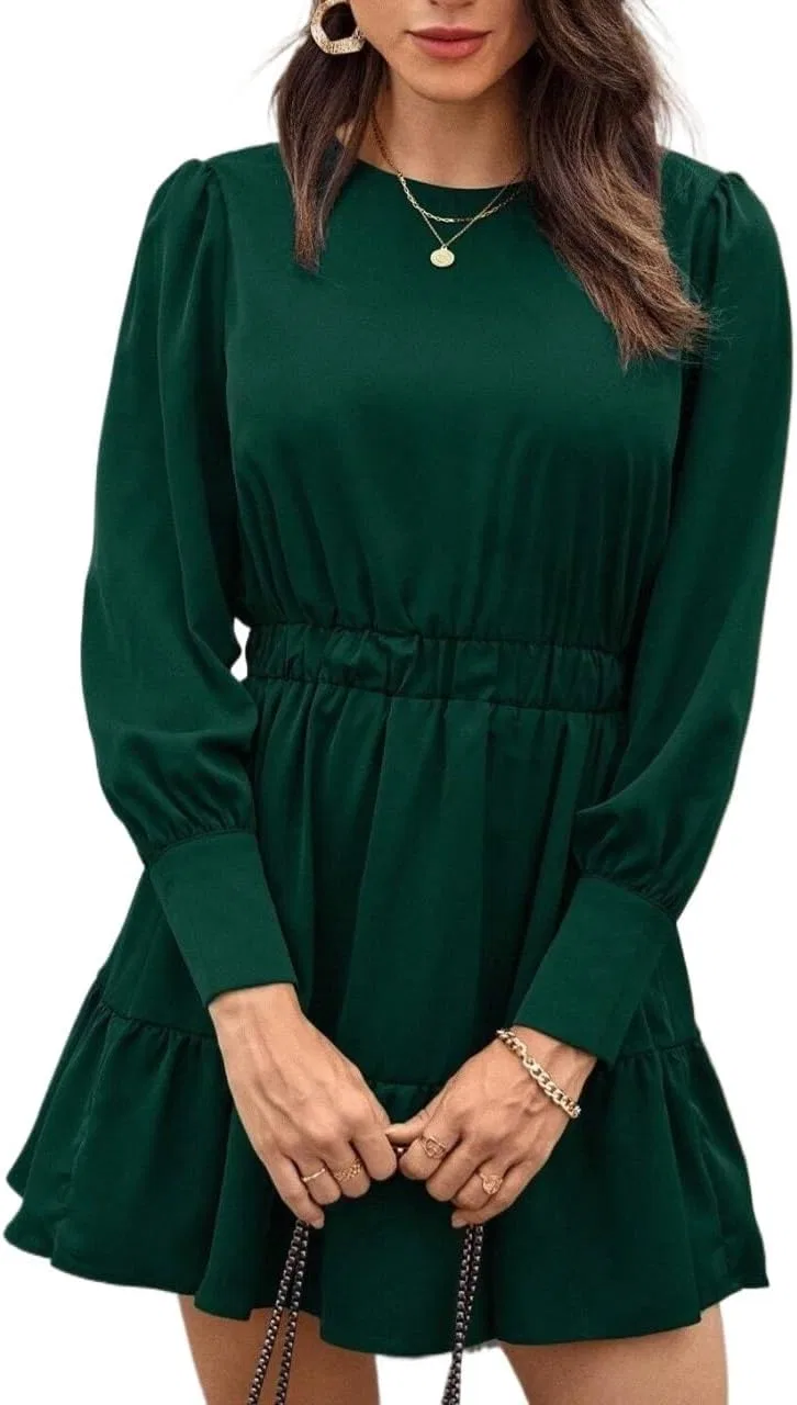 Женское платье A-силуэта с воланами и пуговицами, Dark Green