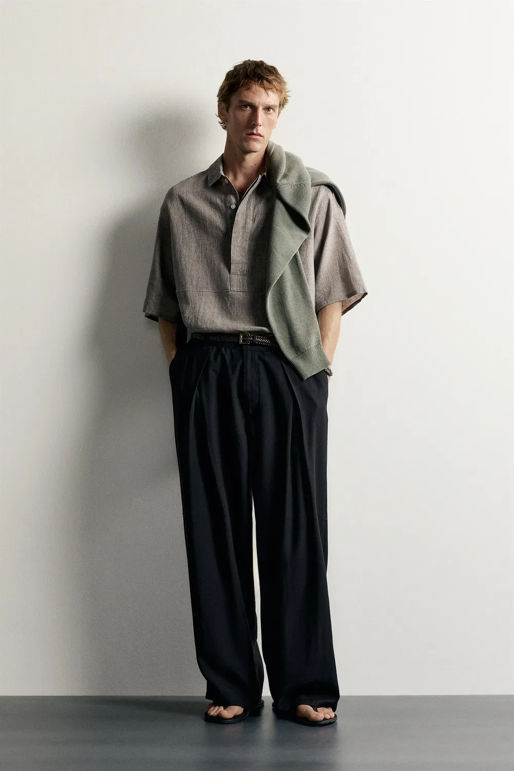 Поло свободного кроя из льна и хлопка. ZARA, Grey marl
