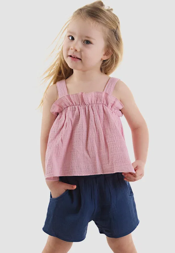 Муслиновый комплект Bekleidung xt с оборками - шорты Denokids, темно-синий/розовый