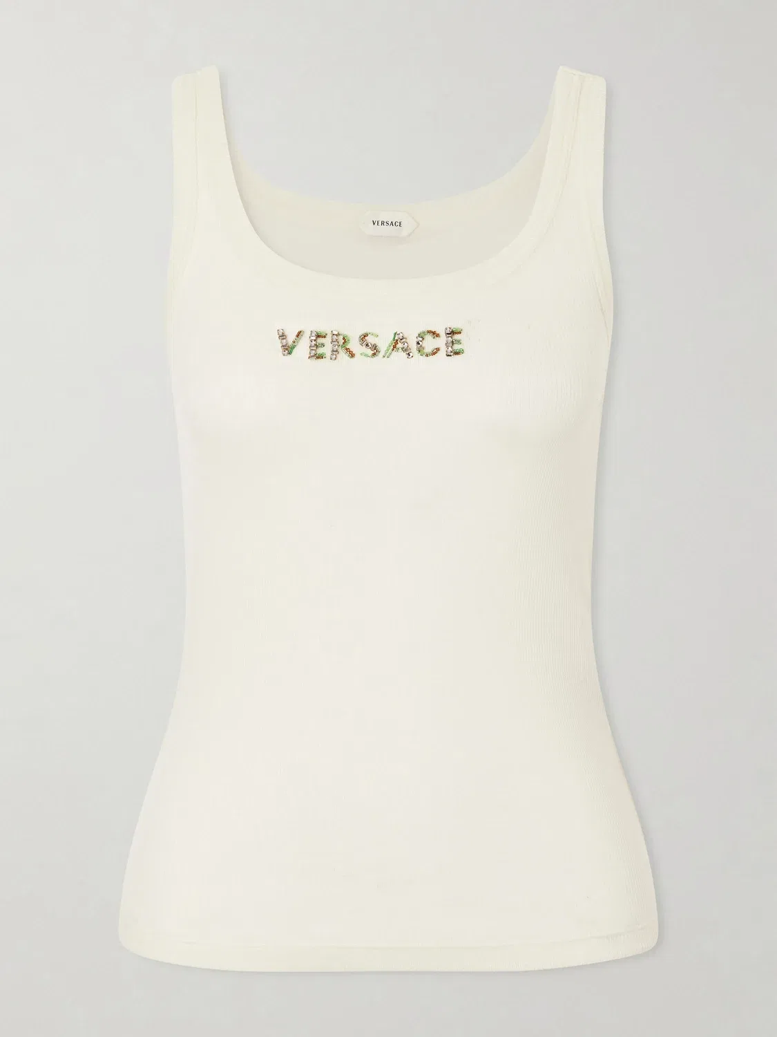 Майка из шерсти с вышитым логотипом украшенная стразами и бисером VERSACE, бежевый