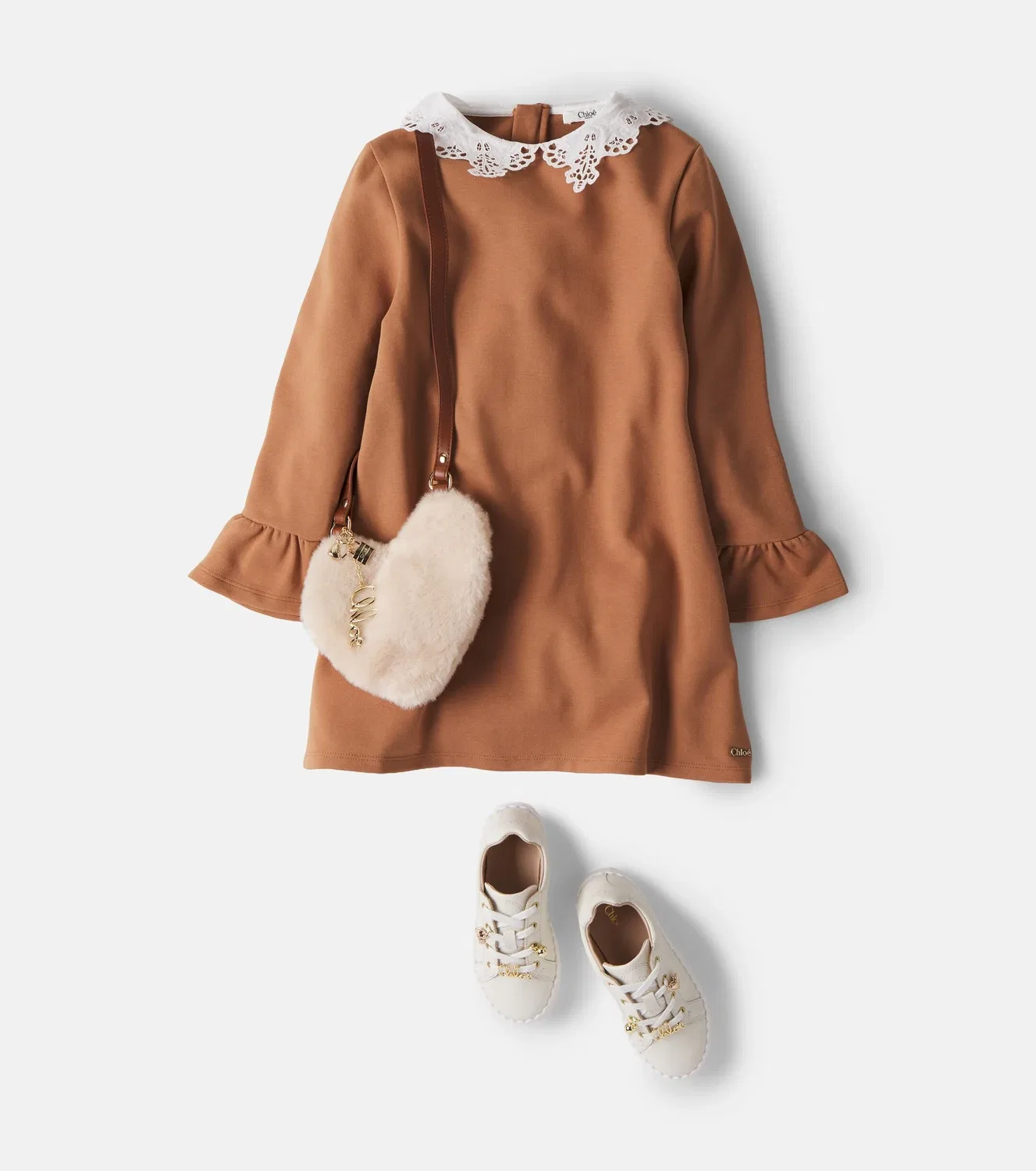 Вышитое платье из джерси с оборками Chloé Kids, коричневый — фото 2