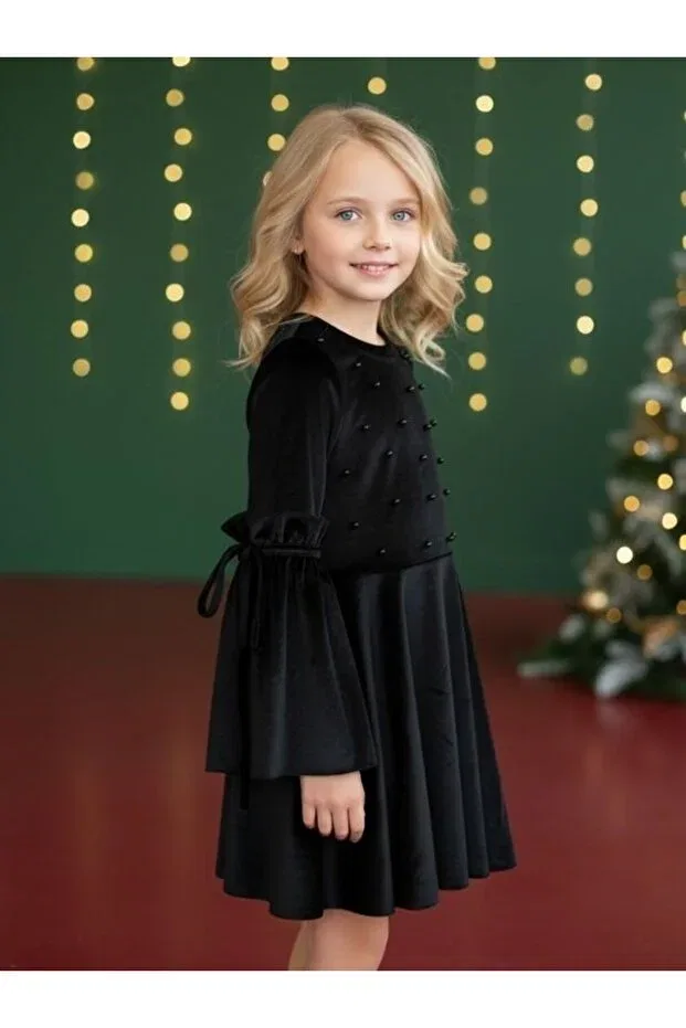 Детское платье для девочек из велюра с длинным рукавом Zekids, Black — фото 4