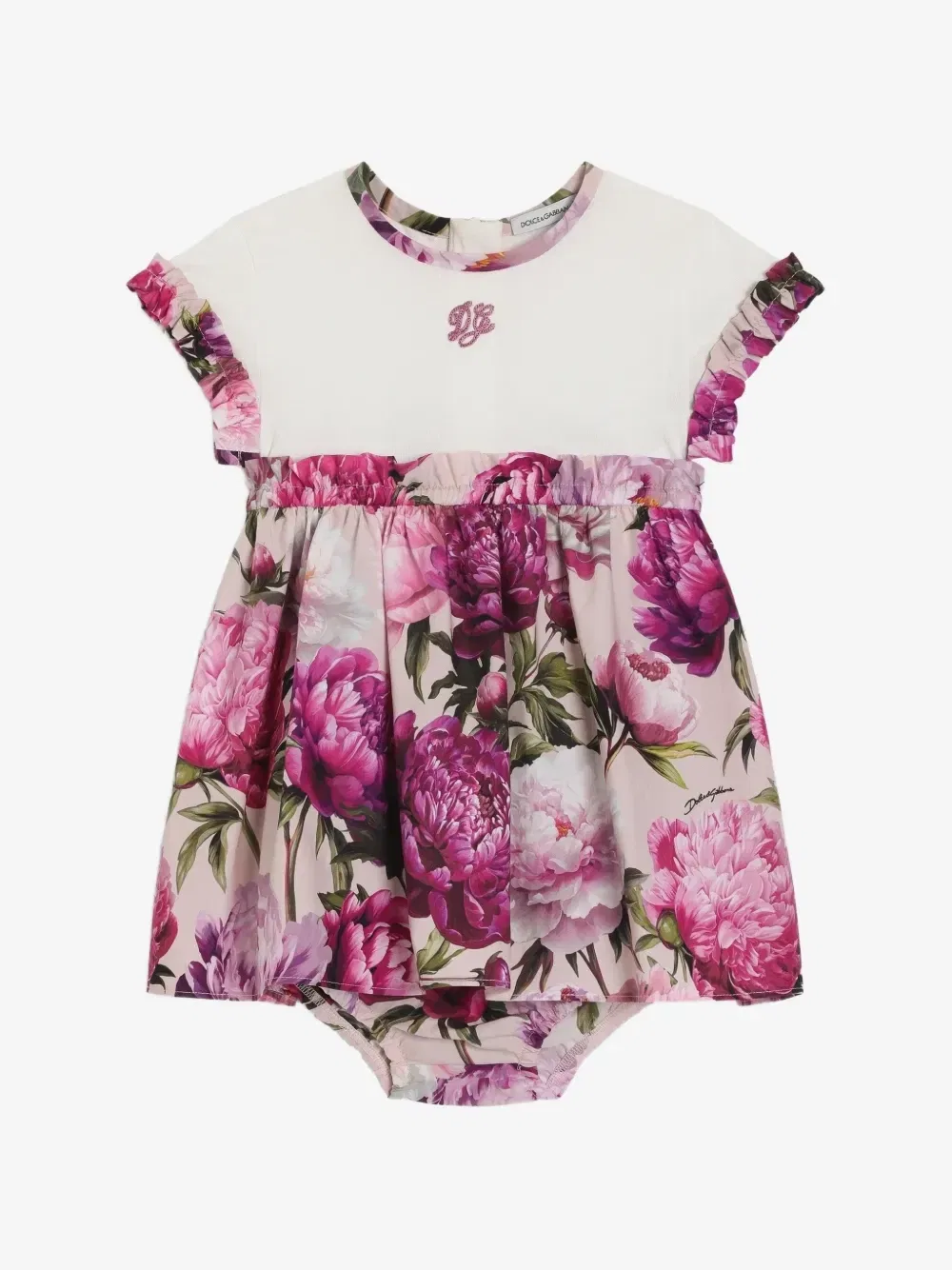 Платье из смешанных материалов с пионовым принтом Dolce & Gabbana Kids, бежевый