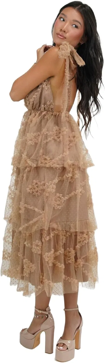 Женское кружевное платье миди SAIOFFICIALUS, Beige
