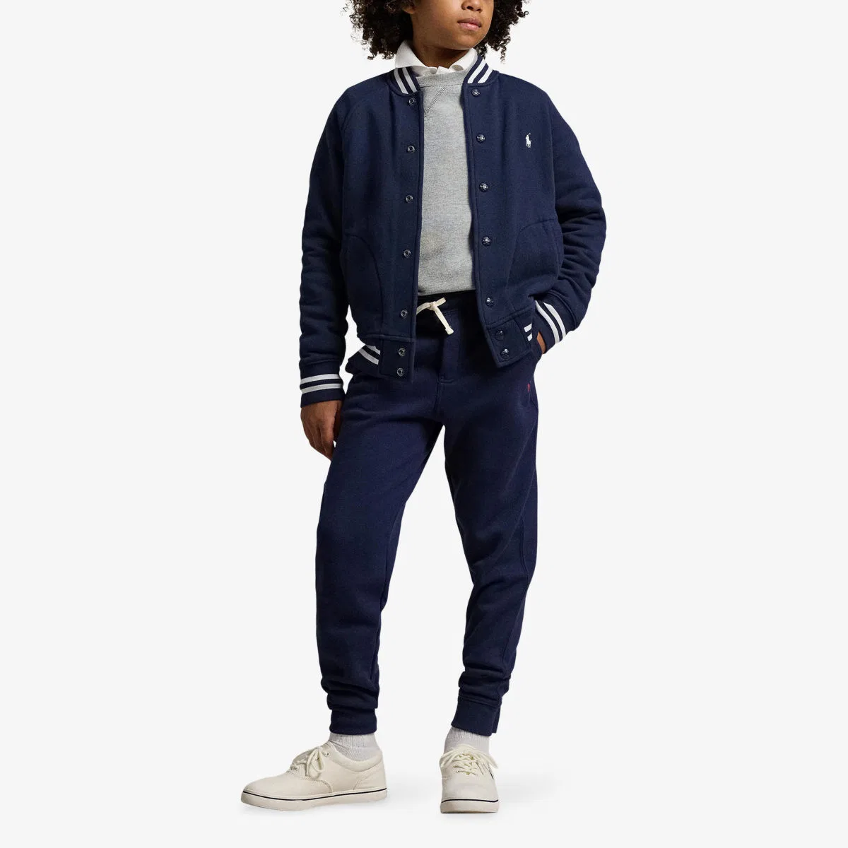 Детская бейсбольная куртка-бомбер из хлопкового флиса Polo Ralph Lauren, белый/темно-синий — фото 2