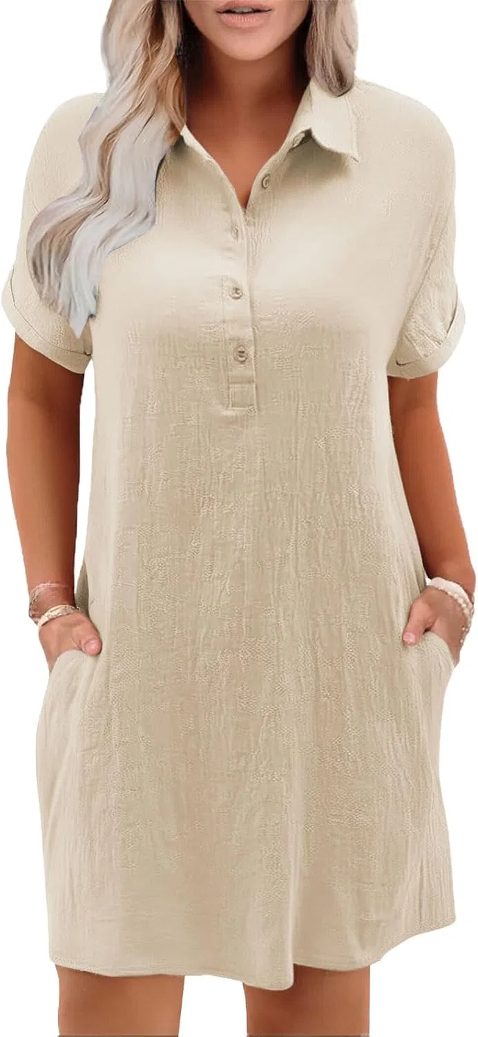 Женское пляжное платье-рубашка с коротким рукавом и карманами Cotton Linen, Beige