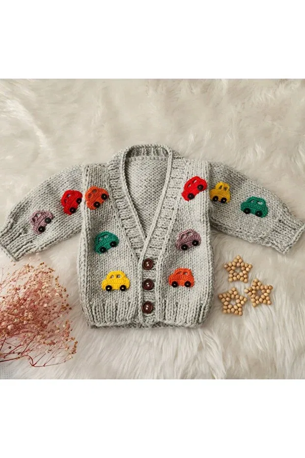 Детский кардиган с длинным рукавом Hand knitted car-themed baby kids cardigan El Örgüsü, Gray — фото 2