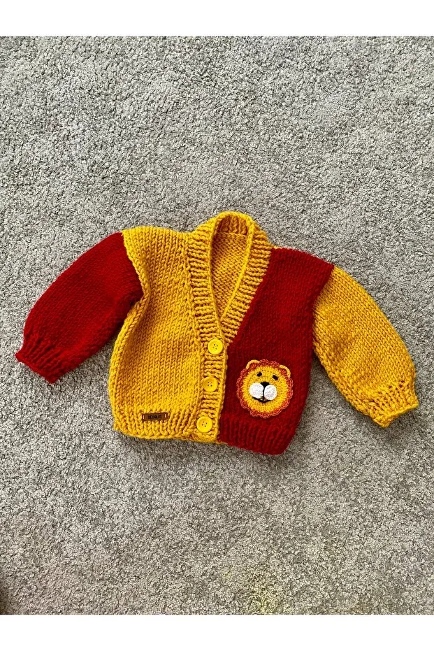 Детский кардиган для мальчиков с принтом Hand Knitted Yellow Red Lion Detailed Nevalin, Yellow-Red