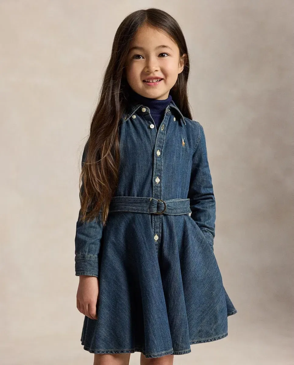 Детское платье-рубашка из денима с длинным рукавом Polo Ralph Lauren, Azul índigo