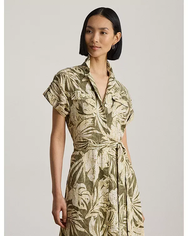 Женское платье-рубашка с принтом Palm Frond Print Linen Camp Shirtdress Ralph Lauren, Farm Olive — фото 3