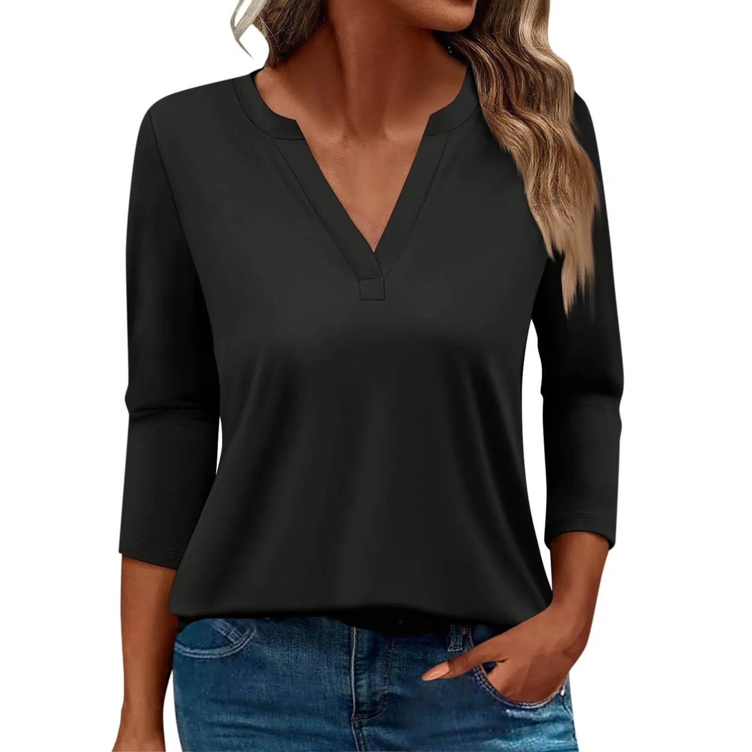 Женская блуза с принтом Women Blouses 3/4 Sleeve V Neck Casual Elegant Summer Boho Floral Print Blouses, 01#black — фото 2