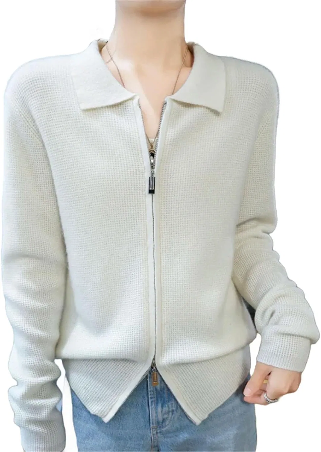 Женский свитер с воротником и двойной молнией, Cashmere Wool Sweater, молочно-белый