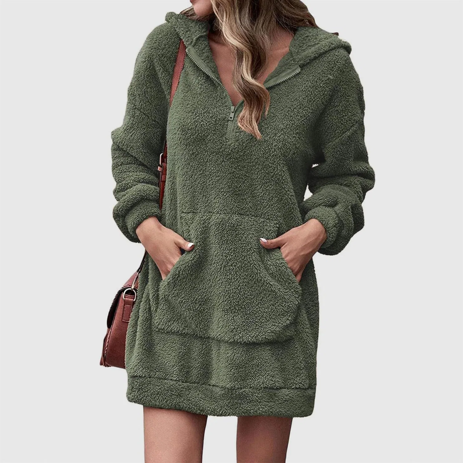 Женское зимнее пальто с капюшоном, длинное, из флиса, Verde — фото 2
