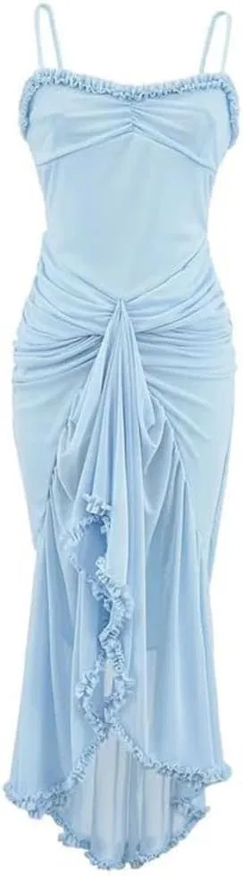 Женское асимметричное миди-платье с воланами и сеткой Asymmetrical Midi Dress, Sky Blue