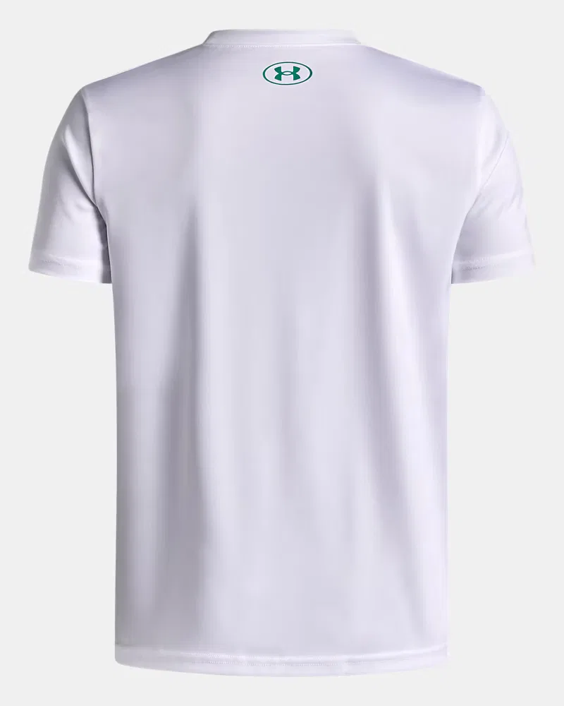 Футболка для мальчиков с коротким рукавом, быстросохнущая UA Tech Graphic UnderArmour, White/Campus Gold/Geode Green — фото 2