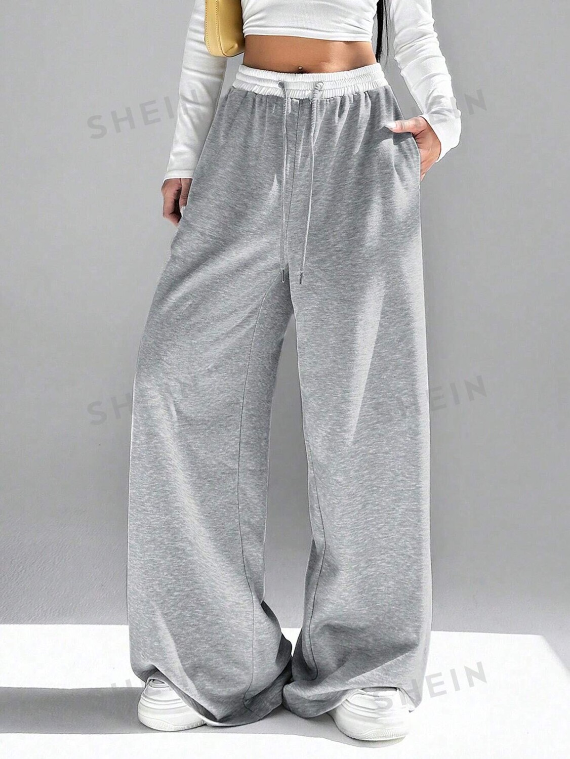 

EZwear Женские широкие брюки, контрастный цвет, талия Shein, серый