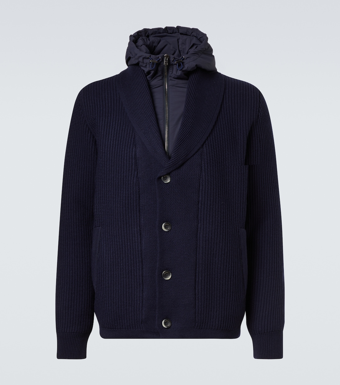 

Многослойный шерстяной кардиган с технологичными элементами Herno, Blu Navy