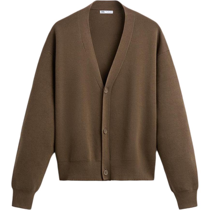 

Мужской трикотажный кардиган с V-образным вырезом и умеренным вырезом Zara, коричневый