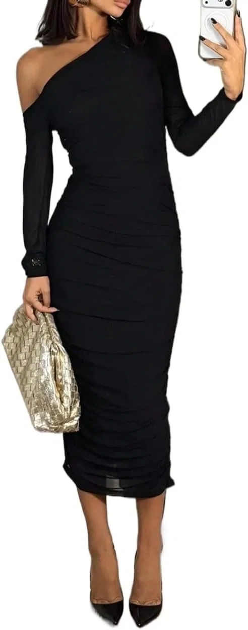 Женское элегантное платье миди с драпировкой Bodycon, Black