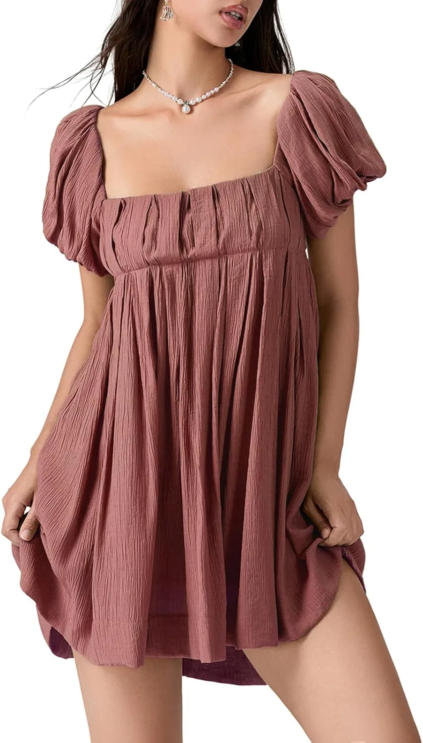 Женское летнее babydoll платье с короткими пышными рукавами, Brick Red