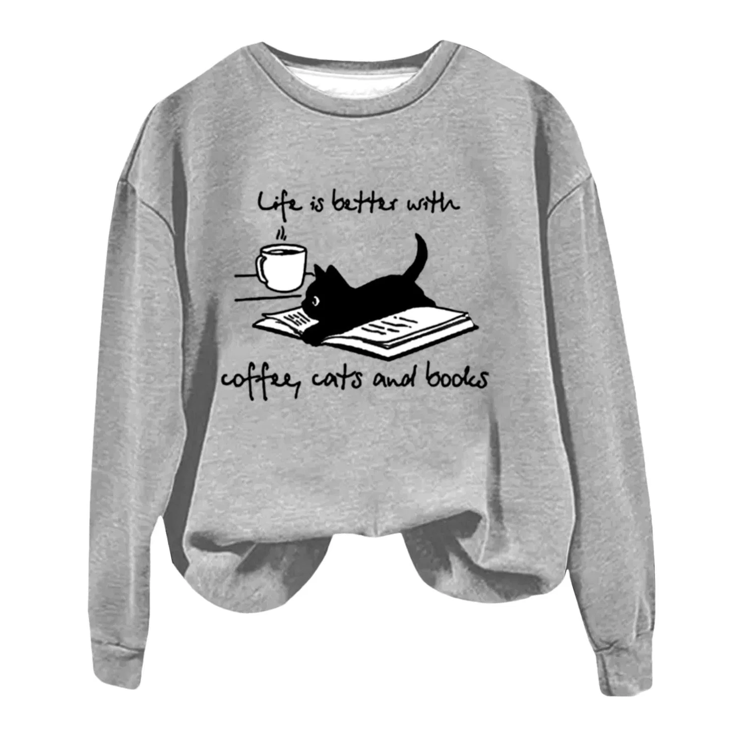 Женский худи с капюшоном и принтом Cat and Coffee Book Print, длинный рукав, Grey