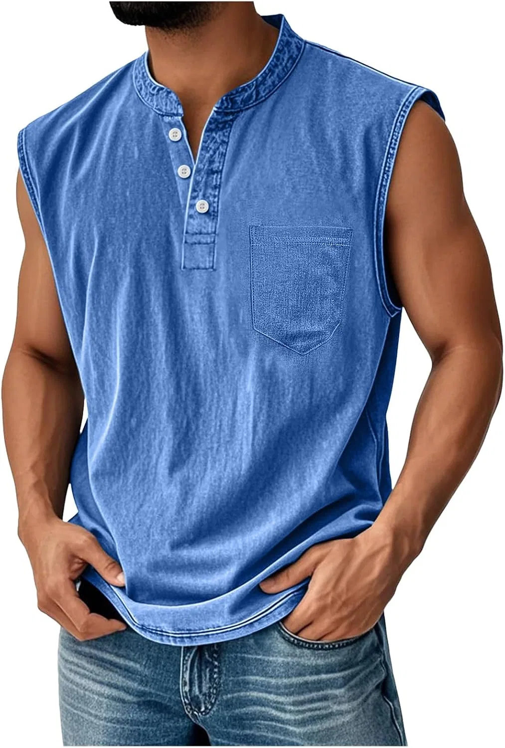 Мужская безрукавка с полузастежкой Henley изношенная, Blue