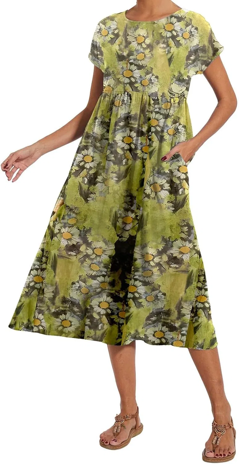 Женское свободное платье-миди с коротким рукавом Cotton Linen, Yellow — фото 2