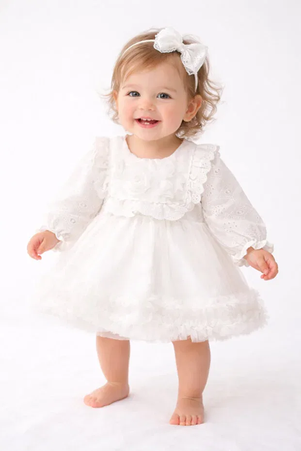 Детское кружевное платье для девочек Ely beyaz lace detailed baby girl dress - mevlüt dress, birthday dress Togy Baby Ve Kids Wear, White