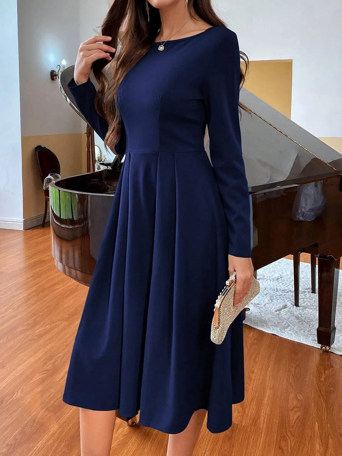 Женское элегантное платье миди с высокой талией, Navy Blue — фото 4