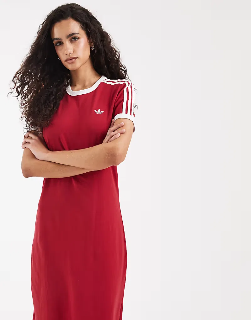 Платье-миди Adidas Originals с тремя полосками, бордовый