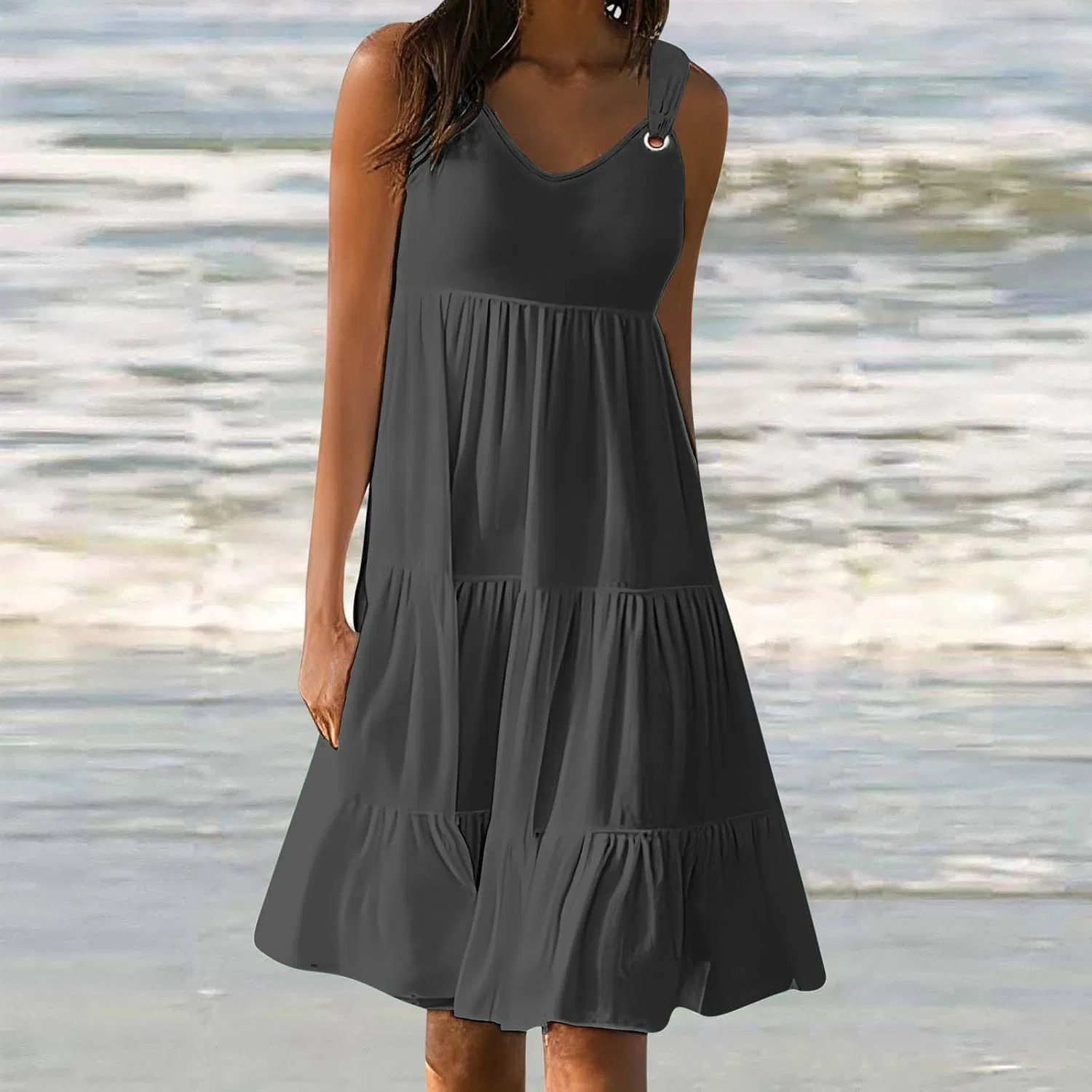 Женское пляжное платье-туника с рюшами Sleeveless Loose Beach Ruffle Tiered Sundress, Dark Gray — фото 2