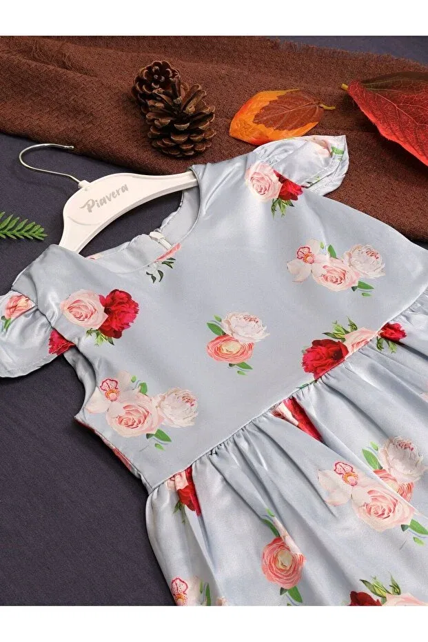 Детское платье для девочек с принтом Satin Blue Floral Dress, Craft, Colored — фото 3