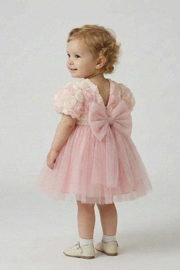 Детское платье для девочек с принтом Rose Detailed Bowknot Baby Evening Dress Cantoy, Powder — фото 2