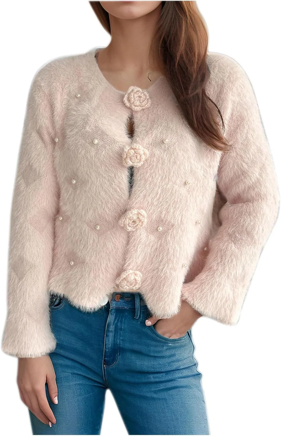 Женский пушистый кардиган из мохера, модель Fuzzy Mohair Cardigan, розовый