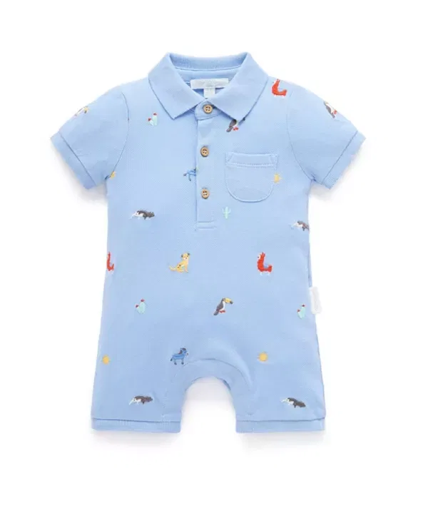 Детский боди-комбинезон с вышивкой Animal Fiesta Polo Purebaby, Animal Fiesta Broderie