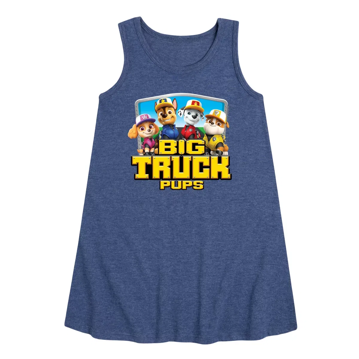 Детское платье-трапеция без рукавов с принтом Big Truck Pups PAW Patrol, Heather Navy