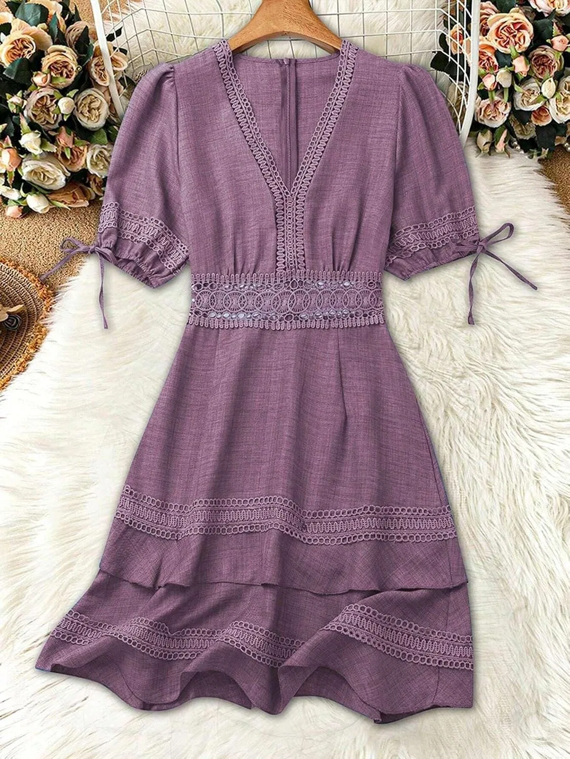 Женское повседневное платье A-силуэта с кружевом и воланами, Mauve Purple — фото 4