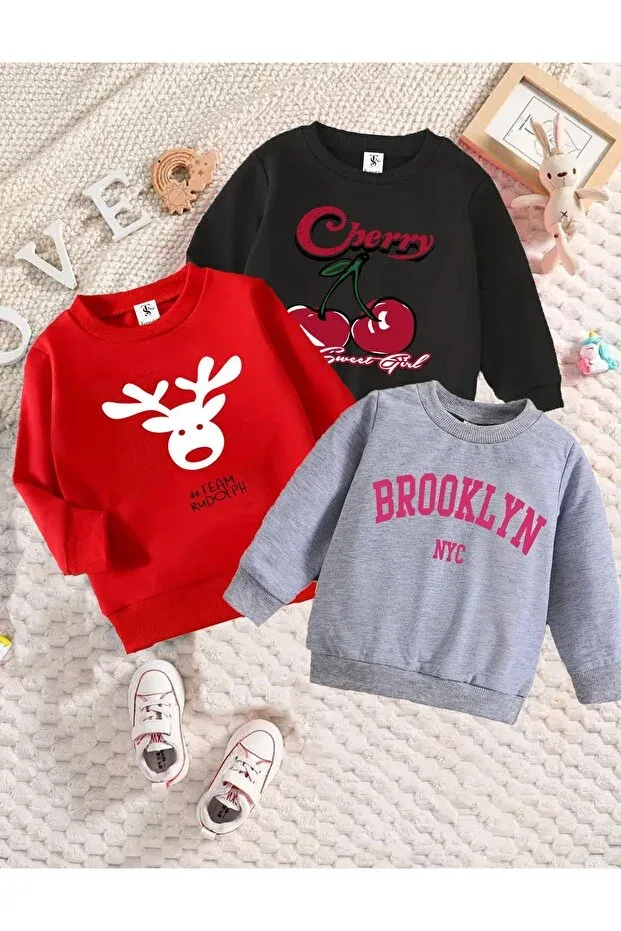 Детские свитшот для девочек с принтом Cherry Printed Black-Grey-Red Triple Crew Neck Girls' Sweatshirt With Fleece Inside Twins Tailors, Red-Grey-Black