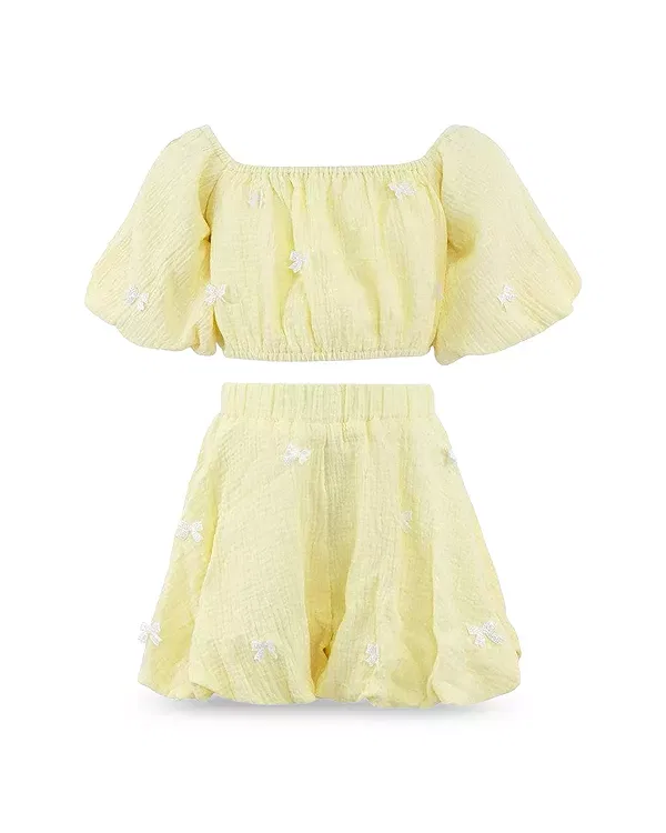 Детский комплект для девочек с бантами Sunny Hailey Bow Top & Bubble Shorts Set Lola + The Boys, желтый
