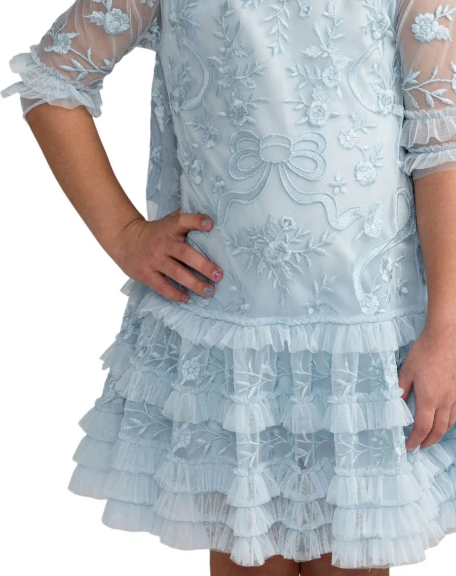 Платье мини с вышивкой и рюшами Little Girls Micro Ruffle Embroidered Mini Dress Mac Duggal, Powder Blue — фото 3