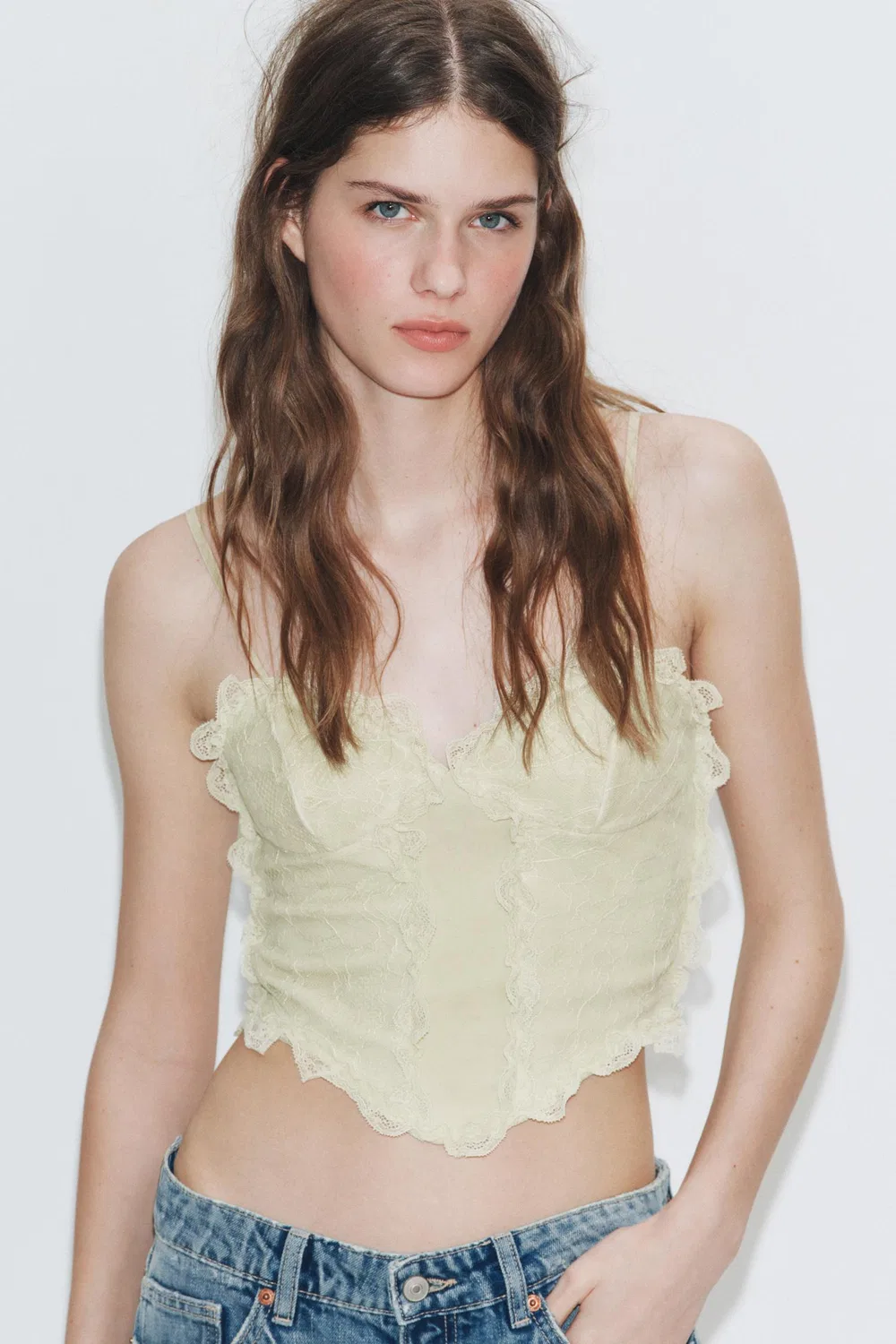 Топ в стиле корсета с кружевной отделкой ZARA, Light Khaki