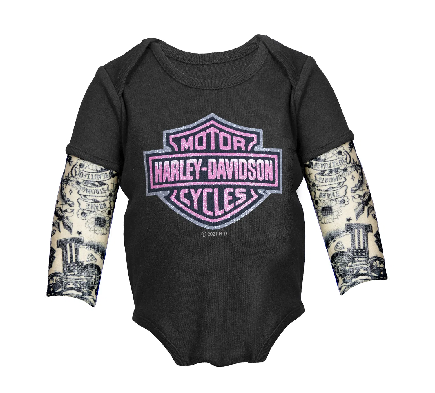 Детский комбинезон с сетчатыми рукавами с тату-принтом Infant Girl's Mesh Tattoo Sleeve Creeper Harley Davidson, Black