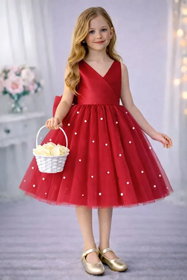 Детское платье для девочек с жемчугом Suneh, Red