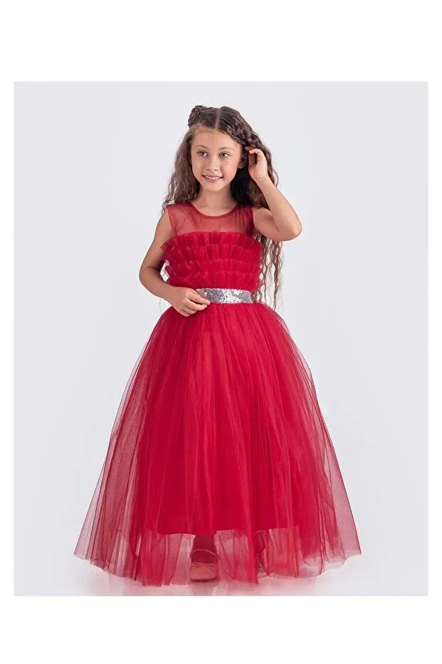 Детское платье для девочек сатиновое Sapes model back gipeli tulle girls' strap satin evening dress mnk0618 Mnk Baby&Kids, Red