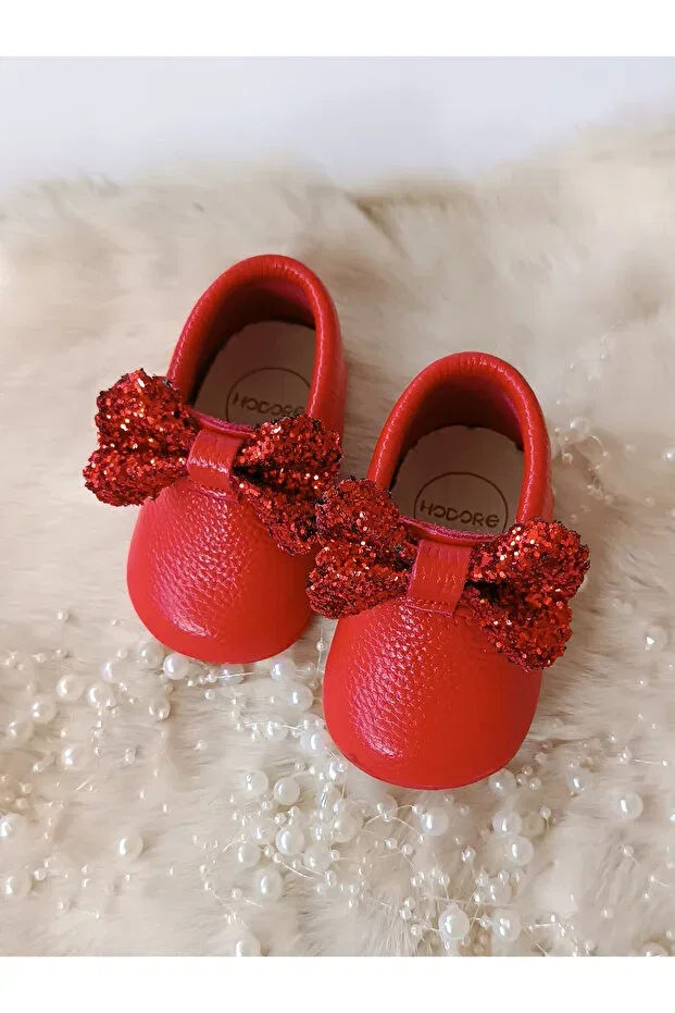 Детские ботинки для девочек кожаные Sofia Red Stoned Genuine Leather Baby Loafer Hodore, Red With Stones