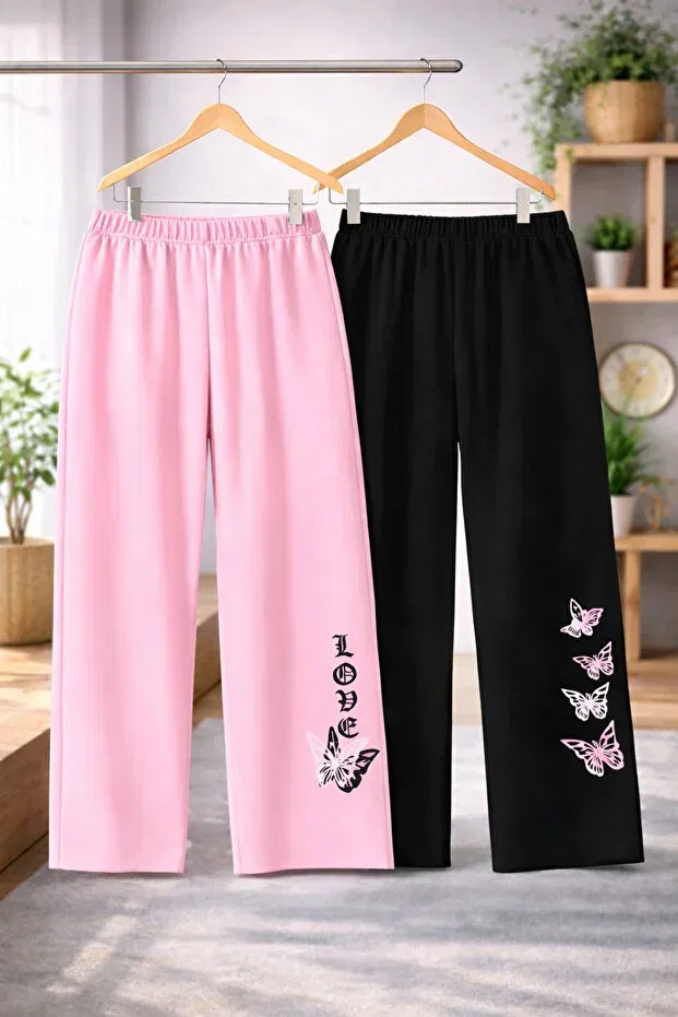 Детский комплект спортивных штанов для девочек с принтом 2-Piece butterfly printed pink black tracksuit set Kids, Multicolor