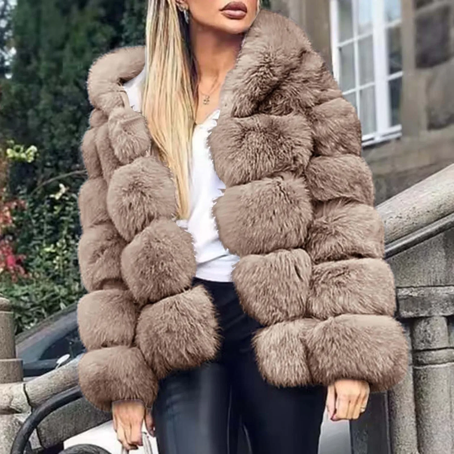 Женское утепленное пальто с капюшоном из флиса, Beige-b — фото 2