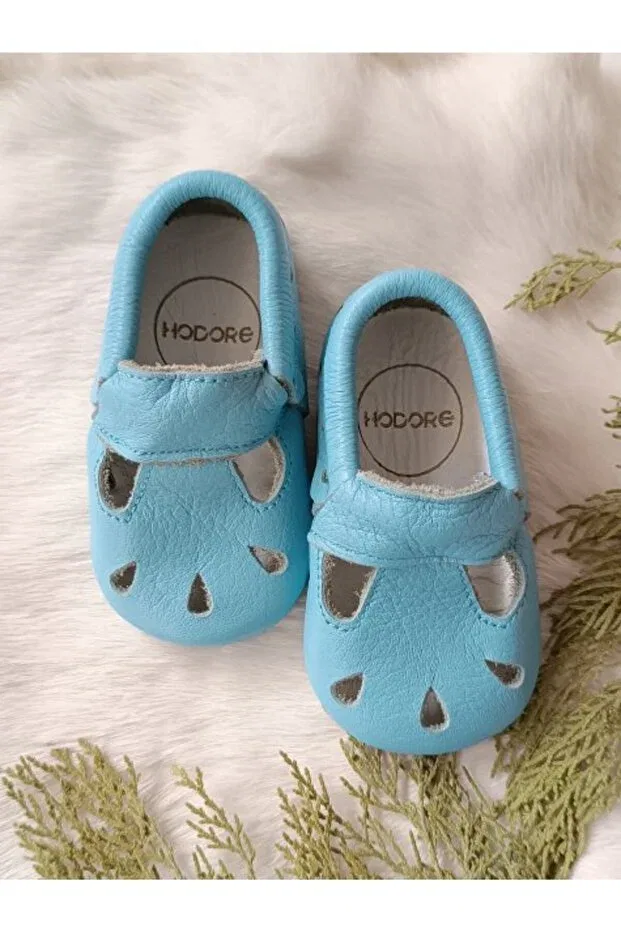 Детские пинетки для новорожденных кожаные Wizy baby blue genuine leather baby booties moccasin Hodore, Baby Blue — фото 4