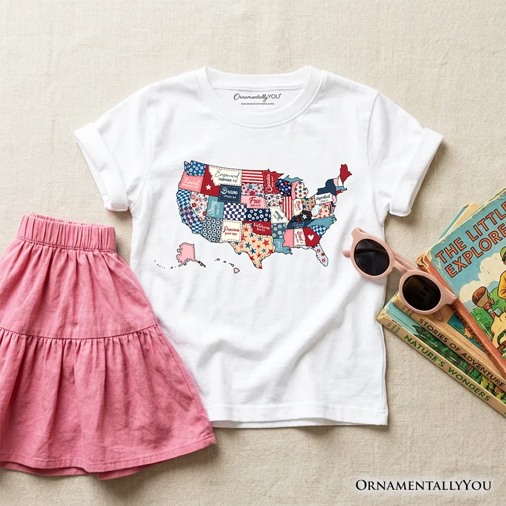 Детская футболка с принтом карты США Quilted USA Map OrnamentallyYou, White