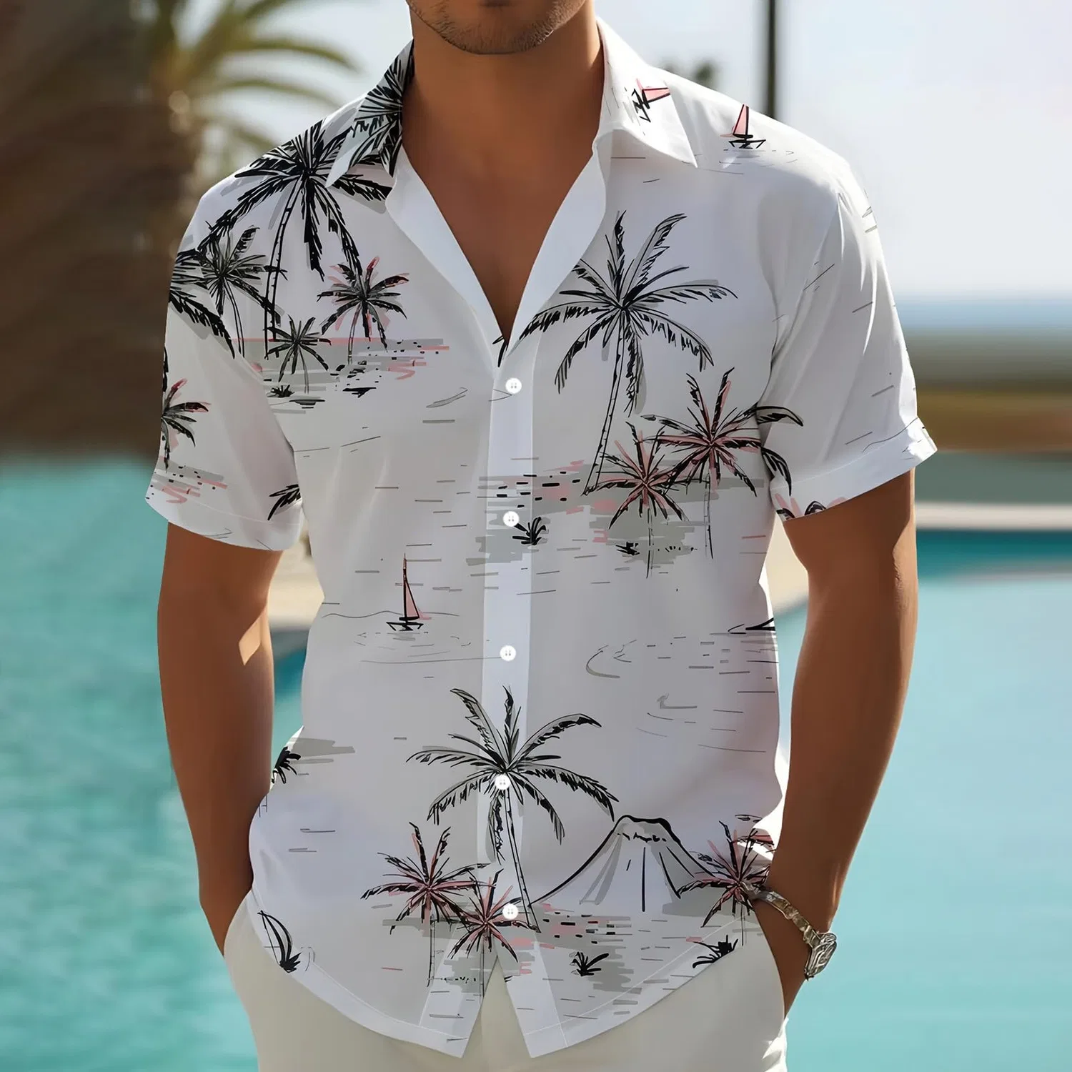 Мужская рубашка с коротким рукавом с принтом Coco Palm, Men's White Hawaiian Shirt — фото 2